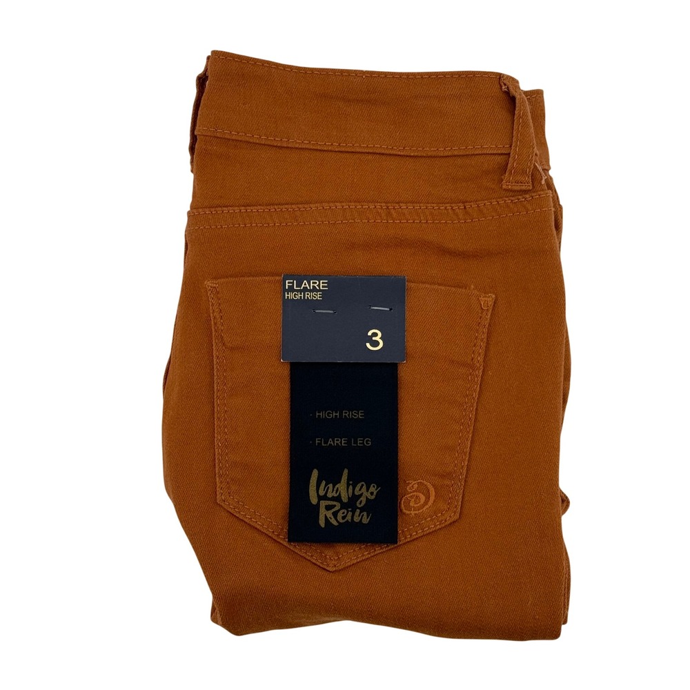 Indigo Rein Womens Flare Jeans High Rise Distressed Orange Copper Size 3